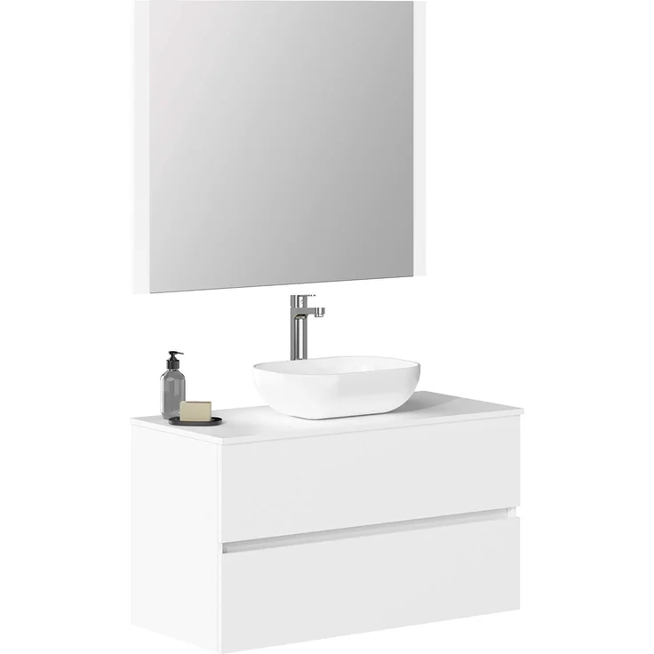 Baikal Onyx Badmöbel montiert, Möbel mit 2 Schubladen, Badezimmermöbel mit Waschbecken, Hängeschrank, Wandschrank, Keramikwaschbecken, inkl. Spiegel, 90 cm, Weiß – Bild 1