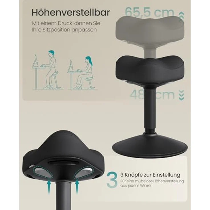SONGMICS Hocker, mit Schwingeffekt, höhenverstellbar 48-65,5 cm, Anti-Rutsch-Sockel, drehbar, tintenschwarz, 34 x 36,5 x 48 cm – Bild 6