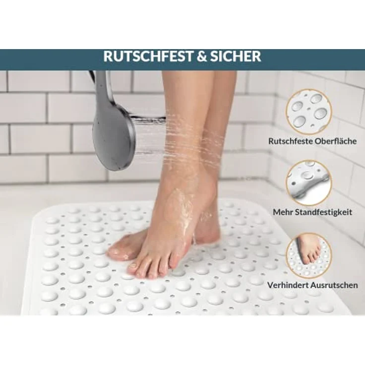 badegut Duschmatte rutschfest 53 x 53 cm, mit Abflusssieb und Klebehaken, weiß – Bild 3
