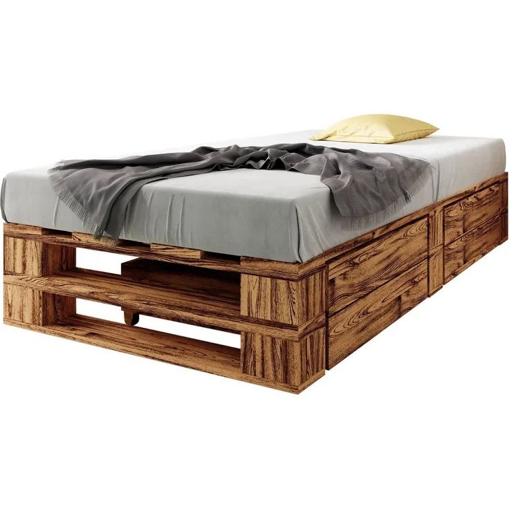 sunnypillow Palettenbett M2 aus Holz 120x200 cm mit Lattenrost und 2 Bettkästen. Stabiles Seniorenbett Kinderbett Jugendbett Gästebett erhöhtes Einzelbett Bettgestell Futonbett Komforthöhe Geflammt