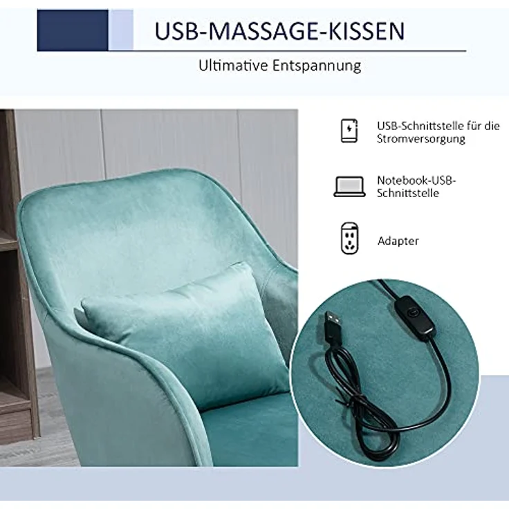 Vinsetto Massage-Drehstuhl, grüner Bürostuhl mit Lendenkissen und USB-Vibrationsfunktion, 70x86x57 cm – Bild 5