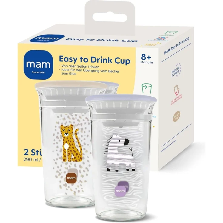 MAM Easy to Drink Cup 360° 290 ml, 2er-Set, ab 8 Monaten, Zebra/Leo