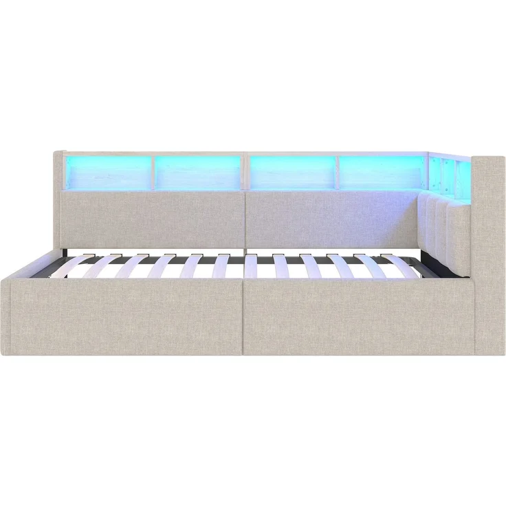 Stauraumbett mit LED-Beleuchtung, Lattenrost, Stauraum, Regal, USB und Type-C Anschlüssen, 90x200cm, Polsterbett, Einzelbett, Schlafsofa, Leinen – Bild 8