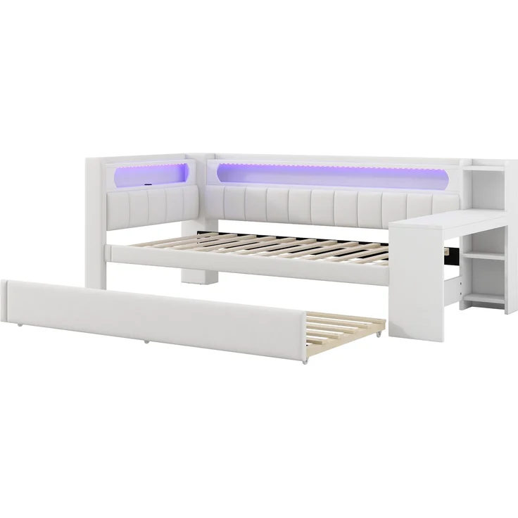 Gepolstertes 90x200 Tagesbett mit USB-Anschlüssen und LED-Gürtel, mit Ausziehbett und Schreibtisch, Weiß – Bild 6