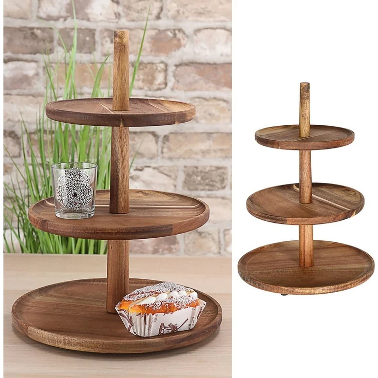 CEPEWA Dekoetagere Etagere Holz 3 Etagen 26x35cm Akazienholz braun Servierplatte Teller – Bild 3