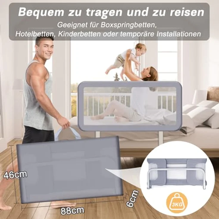 YIKANWEN Tragbare Bettgitter 150cm, Bettschutzgitter für Kinder ab 0 Monate-10 Jahren, Rausfallschutz für Kinderbetten,Boxspringbetten – Bild 6