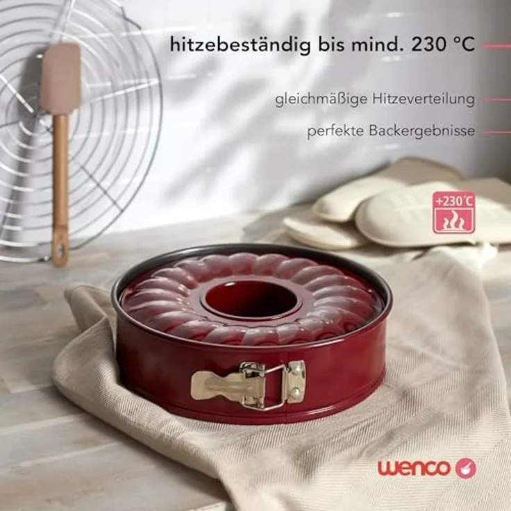 wenco Springform 26 cm, Kuchenform mit Flach- und Rohrboden, 2 Böden, runde Backform, auslaufsicher, antihaftbeschichtet, rot – Bild 7