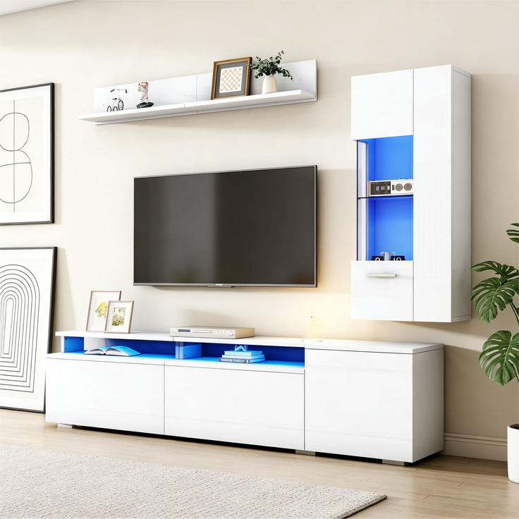 TV Wohnwand Set 3-teilig LED Beleuchtung Hochglanz Wohnzimmer Möbel Set Frontale Wohnwand 1 x TV Schrank, 1 x Wohnzimmer Vitrine, 1 x Hängeregal, TV bis 80' Weiß--Weiß--77.5x54.61x22cm--YOUDENOVA – Bild 5
