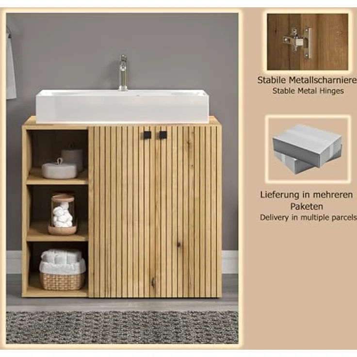 trendteam smart living - Waschbeckenunterschrank Unterschrank auf Rollen - Badezimmer - PureBliss - Aufbaumaß (BxHxT) 80 x 64 x 42 cm - Farbe Evoke Eiche mit schwarzen Rillen - 233730142 – Bild 12