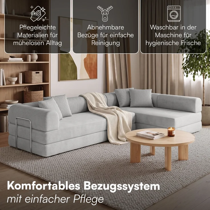 skølm 'Lofn' Modulares Sofa 4 Sitzer, 300x200 cm, Vollschaumcouch mit Metallgestell, Cord hellgrau, Schlafsofa vakuumverpackt, kein Aufbau erforderlich – Bild 7