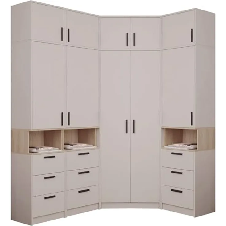 Marmex Möbel Grant Set-34C Schrankset mit mit Aufsätzen für Schlafzimmer und Ankleidezimmer, bestehend aus einem Eckschrank und freistehenden Regalen mit Schubladen und Einlegeböden, laminierte Spanplatte, graubeige cashmere+cremona torro 195/143x235x4...