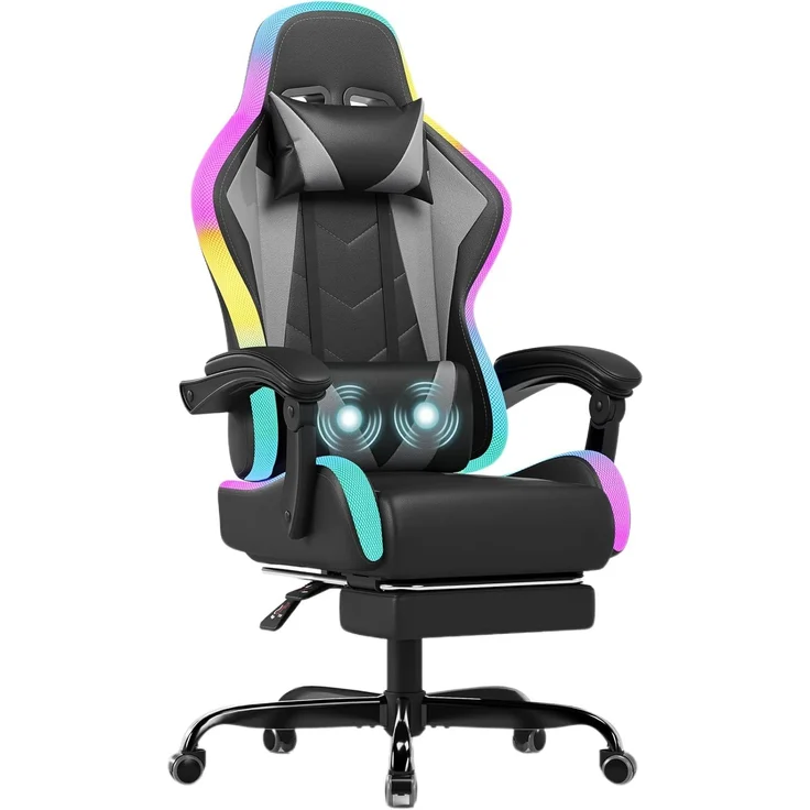 JUMMICO Gaming Stuhl mit led, Cool Racing Gamer Stuhl, Ergonomischer Bürostuhl mit Massagefunktion, Verstellbare Rückenlehne 90-135°, mit Teleskop Fußstütze, Gamingstuhl 150 kg belastbarkeit, Graue – Bild 1