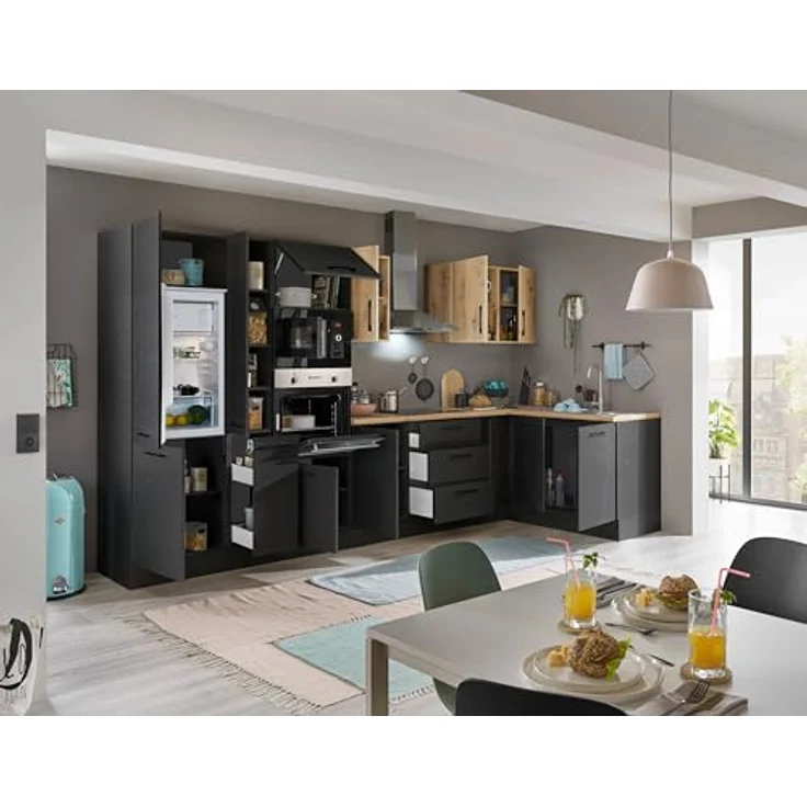 Stella Trading Turin LBM Eckküche 360 x 211 x 60 cm, schwarz - Ohne Küchengeräte - Moderne, geräumige Küche in Artisan-Eiche Optik mit viel Stauraum – Bild 3