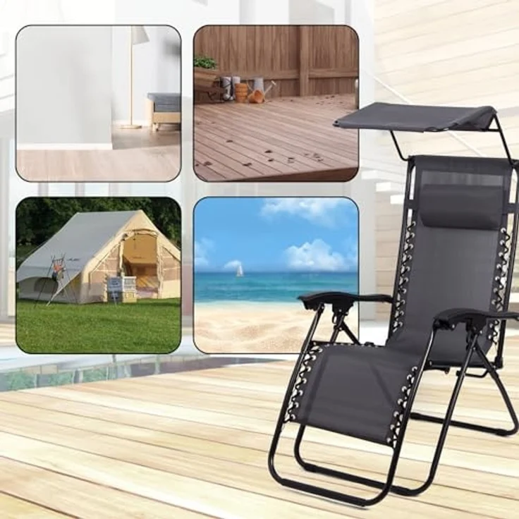 Todeco Liegestuhl klappbar mit Sonnenschutz, Sonnenstuhl mit abziehbare Kissen, Max Belastbarkeit 100kg, Strandliegestuhl leicht, Grau – Bild 3