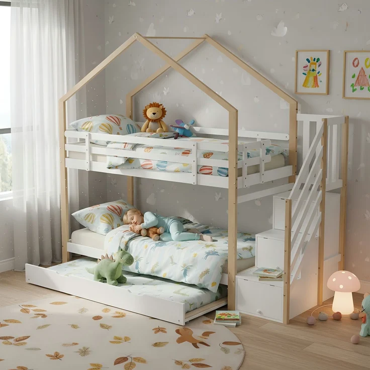 Etagenbett 90×200 cm mit Rausfallschutz & ausziehbarem Bett 90×190 cm, Natur/Weiß, ohne Matratze – Bild 2
