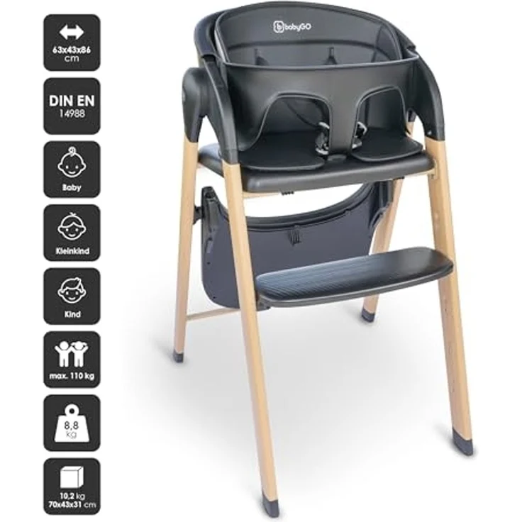 BabyGo Levels Hochstuhl inkl. Essbrett black/wood – Bild 2