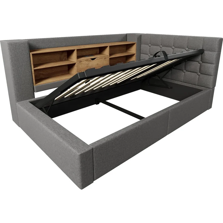 Polsterbett 90x200 cm Einzelbett mit LED-Beleuchtung, hydraulischem Stauraum, L-förmigem Kopfteil mit Stauraum, beidseitig montierbar, Grau – Bild 9