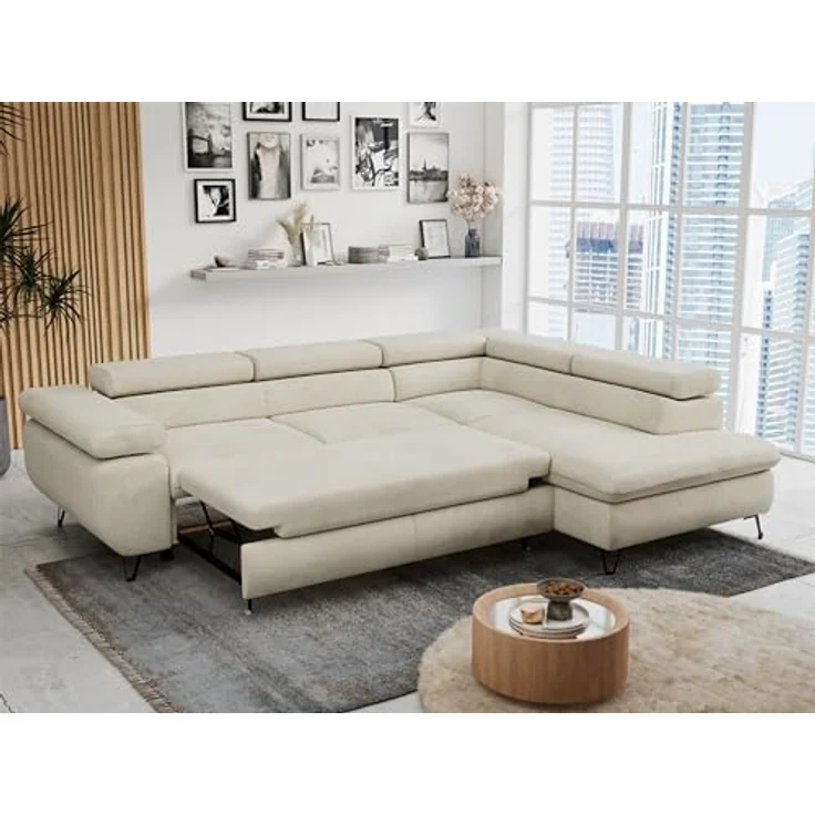Mks Möbel 'Peter L-form' Ecksofa mit Bettfunktion, Bettkasten & einstellbaren Kopfstützen, Beige, Velours, rechts – Bild 6
