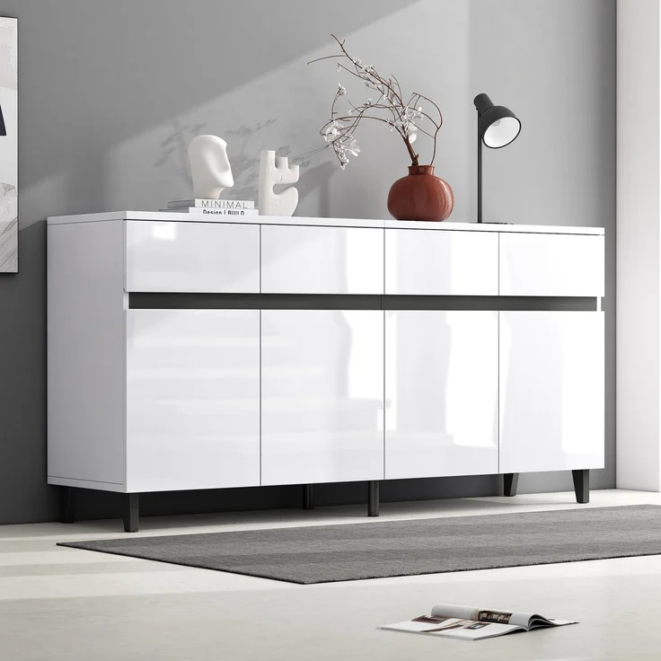 Merax Hochglanz Sideboard, Kommoden, Highboard, Schubladenkommoden mit 4 Schubladen 2 Türen und höhenverstellbaren Regalböden, Hochglanz-Sideboard, Hochglanz-Unterschränke, Eckschränke – Bild 2