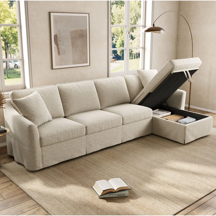 DESVIAE Sofa L-Form Beige aus Leinenoptik – 274x83x128,5 cm – Stauraum, abnehmbare Bezüge – Bild 3