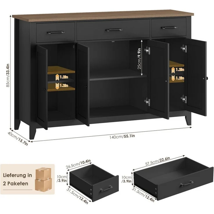 HOMECHO Sideboard 140 cm, Küchenschrank mit 3 Schubladen & 4 Türen, Höhenverstellbare – Bild 2
