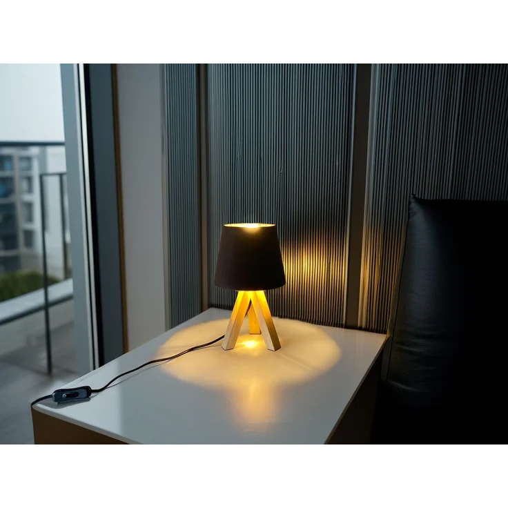 Tischlampe mit Dreibein aus Holz, Samtschirm Braun Gold, Höhe 27cm – Bild 6