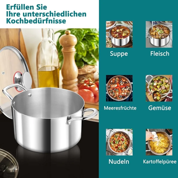 TEAMFAR 20cm Kochtopf 3-Lagen Edelstahl Hochglanzpoliert mit Glasdeckel – Bild 6