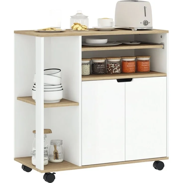 Servierwagen Mit Arbeitsplatte & Schrank - Küchenwagen Mobil Mit Rollen Und Verstellbarem Regal, Naturholz/Weiß – Bild 6