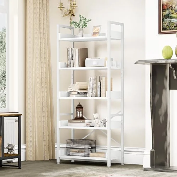 YITAHOME Bücherregal 5 Etagen, Bodenstehendes Bücherregal, Holzregal und stabiles Stahlrahmenregal mit 4 Haken Industrielles Lagerregal für Wohnzimmer, Heimbüro, Reinweißes – Bild 4