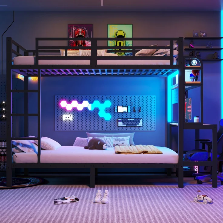 Etagenbett, 90x200 cm, Eisenrahmen, Ablagefach, Schreibtisch, mit LED-Lichtleiste, USB-Anschluss, Sicherheitsgeländer, Leiter, ohne Matratze, schwarz – Bild 4