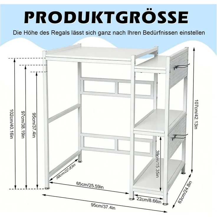 PEALOV Waschmaschinenuntergestell höhenverstellbares Waschmaschinenregal aus Metall, 95 x 63 x 107 cm, mit Seitenablage, Lochwand und zusätzlichem Stauraum – Bild 2