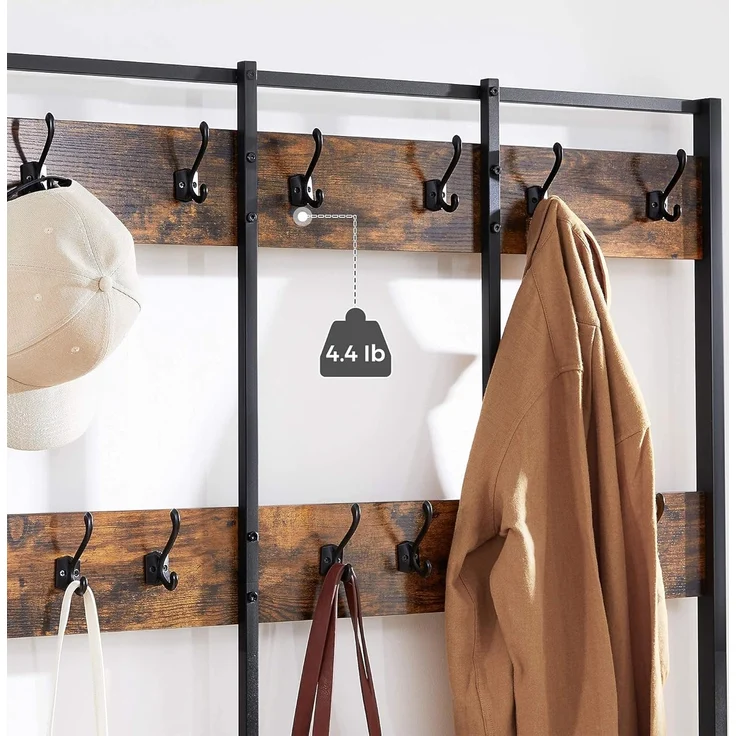 Vasagle große Garderobenständer mit Sitzbank im Industrie Design, Garderobe mit 12 Kleiderhaken und Schuhregal, Flurregal, Flur, Diele, Schlafzimmer, stabiles Eisengestell, 100kg, von Songmics, HSR86BX – Bild 4