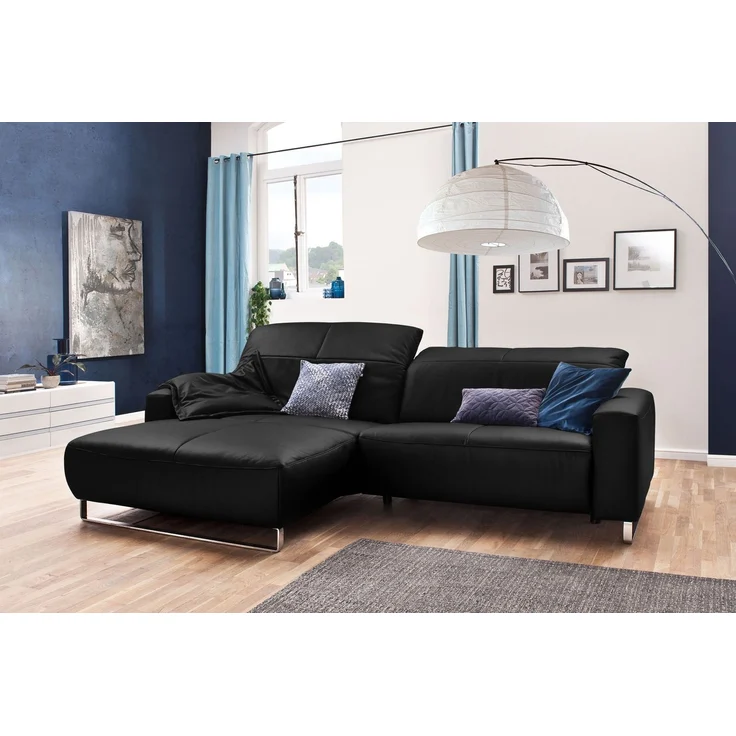 KAWOLA Sofa YORK Leder Life-line schwarz Rec links Fuß Metall Chrom matt 85 x 111 x 284 cm – Bild 1
