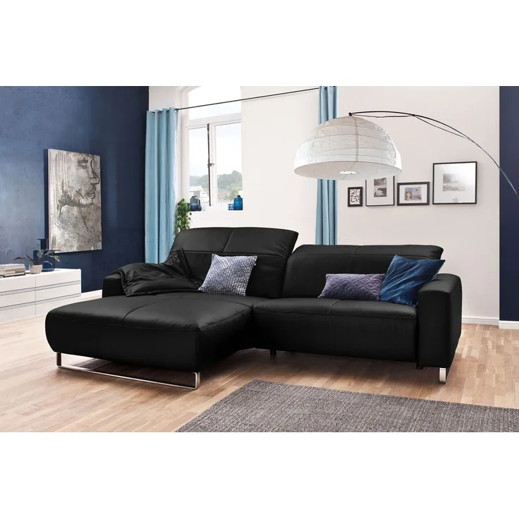 KAWOLA Sofa YORK Leder Life-line schwarz Rec links Fuß Metall Chrom matt 85 x 111 x 284 cm