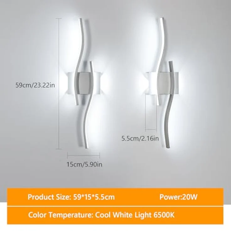 Goeco LED Wandleuchte Innen, 20W 59CM LED Wandlampe Silbern 2 Fimmig 6500K kaltweißes Licht, Modern Lange Lampen Wandleuchtung aus Acryl für Flur Treppenhaus Wohnzimmer Schlafzimmer Flur – Bild 3