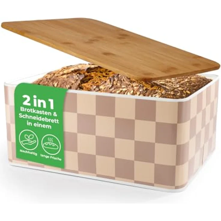 Lumaland Brotkasten Karo-Design 10l beige/weiß mit Bambusdeckel – Bild 2