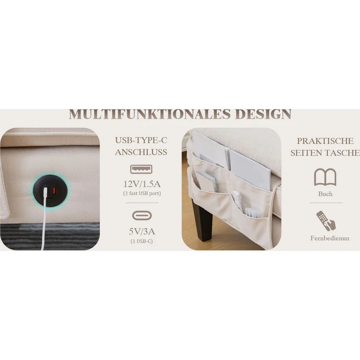 U-förmiges 4-Sitzer-Stoffsofa 250 cm mit 2 Chaiselongues, USB-C, Seitentaschen und Kissen, gepolsterte Wohnlandschaft, Beige – Bild 21