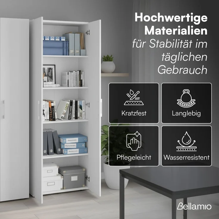 Bellamio 'Apol' Mehrzweckschrank, weiß, 176x33x60 cm, Aktenschrank mit 5 höhenverstellbaren Ablagefächern – Bild 5