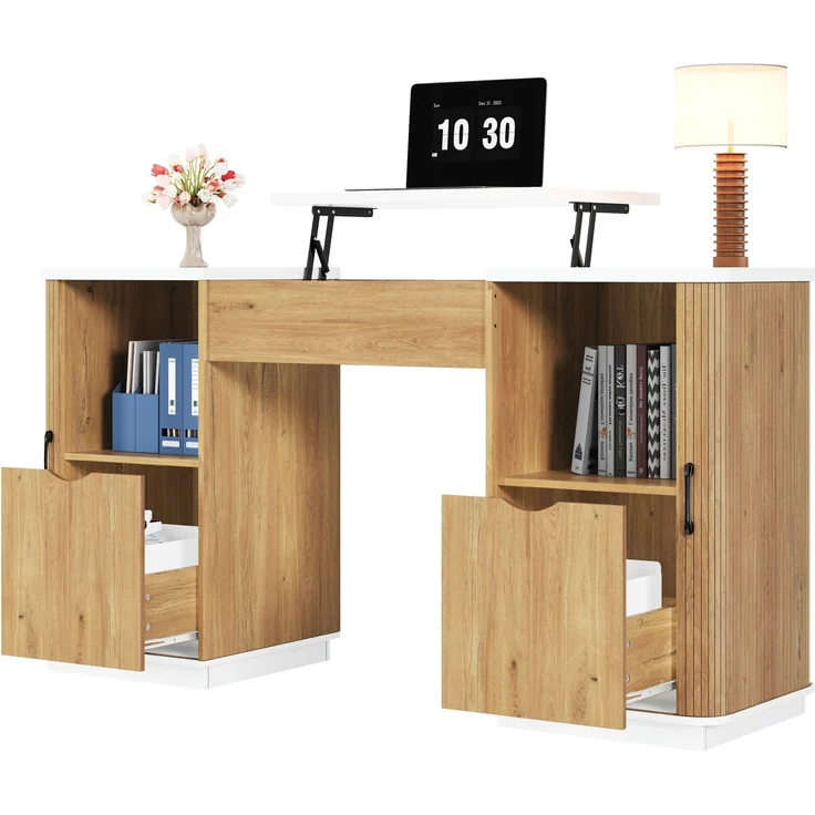 Büromöbel-Set aus MDF mit Schreibtisch und Aktenschrank, Klappfach, Tischfläche 140x50 cm, Weiß/Eiche – Bild 8