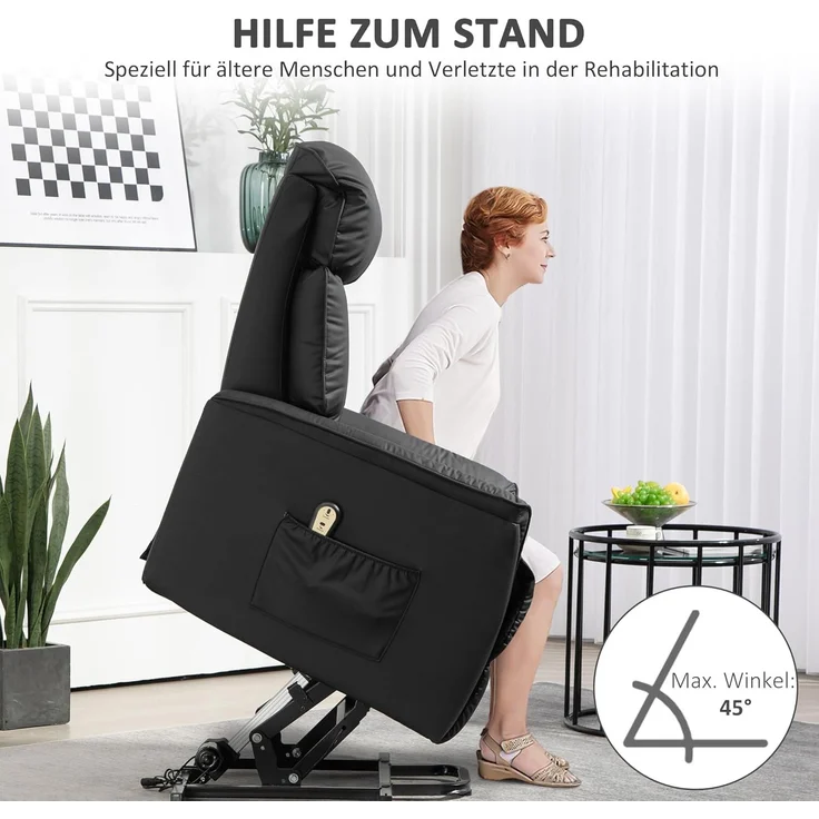 HOMCOM Relaxsessel Elektrischer Aufstehsessel (Fernsehsessel, Sessel mit Aufstehhilfe, Liegefunktion, 1-St, Kunstleder), 80 x 94 x 104 cm, Schwarz – Bild 5