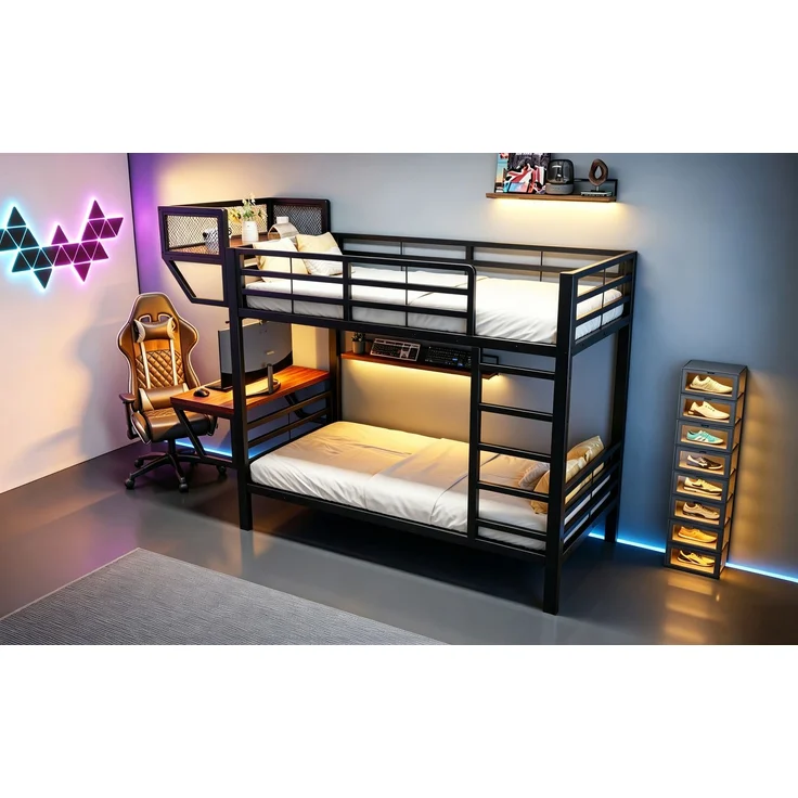 ZUBALIYA Metall-Etagenbett (90 x 200 cm) mit Schreibtisch und Ablagefächern, Lattenrost, platzsparendes Hochbett für Kinder, Jugendliche und Erwachsene, Schwarz – Bild 8