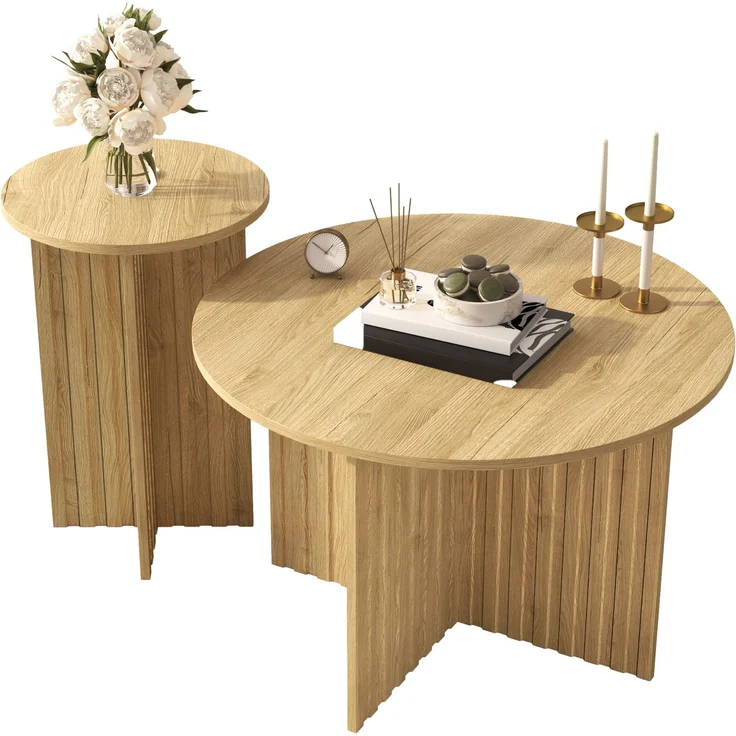 Merax 2-teiliges Holz-Nest-Tisch-Set – Runde Couchtische & Kaffeetische im skandinavischen Design, Holzfarbe – Bild 10