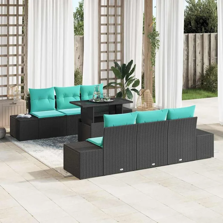 vidaXL Sofa Set 7 stk. 6-Sitzer Schwarz und Blau Poly-Rattan 3349112