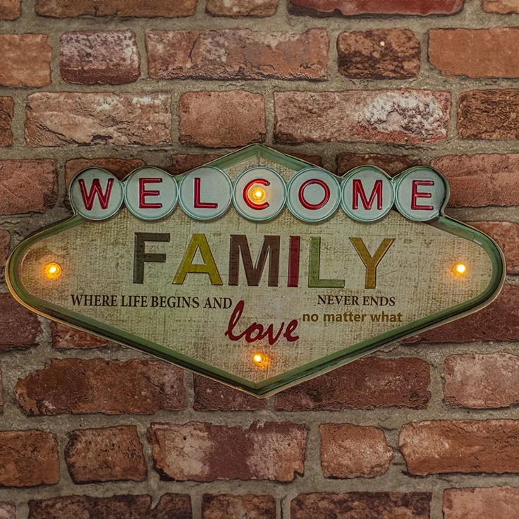 Forever Light Retro Metallschild LED „Welcome Family“ USB Wanddeko – Bild 3