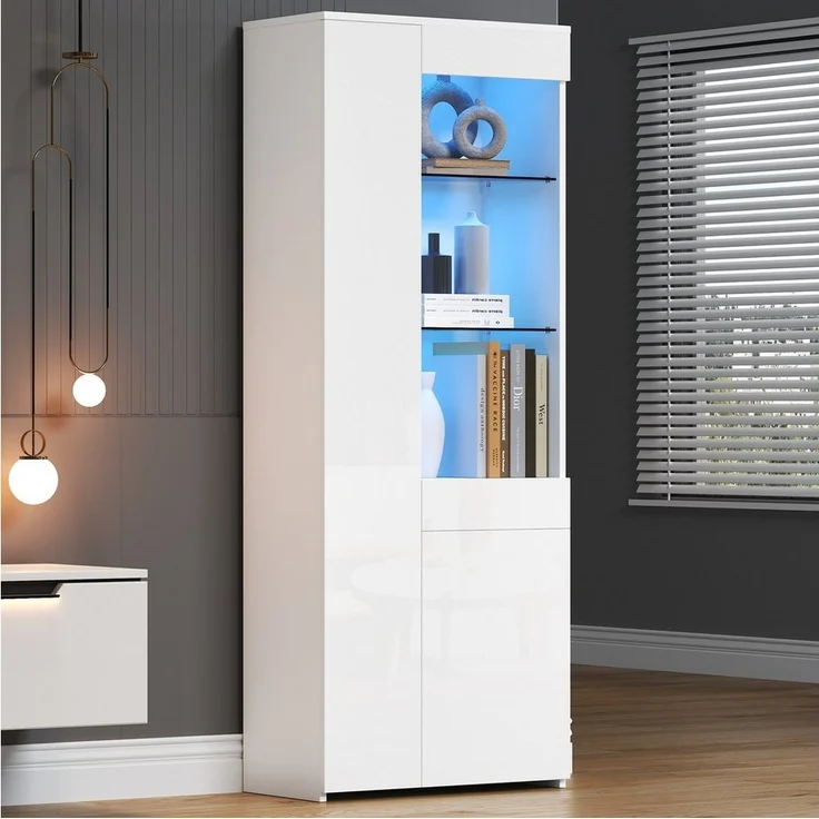 Merax Glasvitrine hochglanz Vitrine mit LED (70*35*180cm, 1-St, Hochschrank Standregal Schrank) Standvitrine Highboard mit Glasfächern, Schublade & Push-to-Open Türen – Bild 5