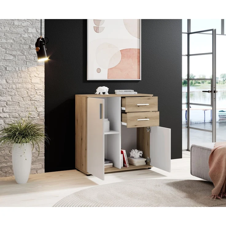 Kommode >BC 1040< 2 Türen, 2 Schubladen, eiche rustica Dekor / weiß - 80x84x35cm (BxHxT) – Bild 3