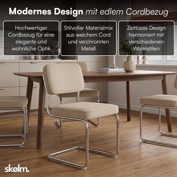 skølm 'Thund' Esszimmerstühle 6er Set, beige, Polsterstuhl aus Cord mit verchromten Metallgestell, Schwingstuhl bis 120 kg belastbar – Bild 2