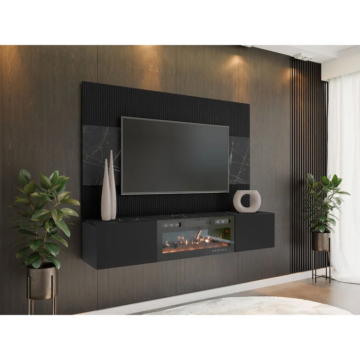 Wohnwand Deromi III mit Kamin (Farbe: Schwarz + Schwarz Marmor) – Bild 1