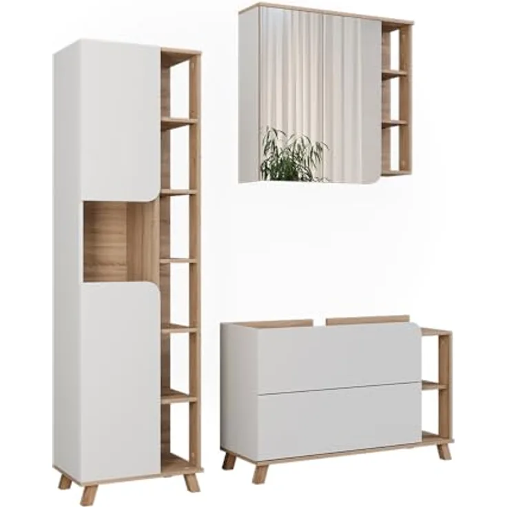 Vichy Badmöbelset Karen, 3-teiliges Set in Sonoma/Weiss, inkl. Waschbeckenunterschrank und Spiegelschrank, robust und elegant