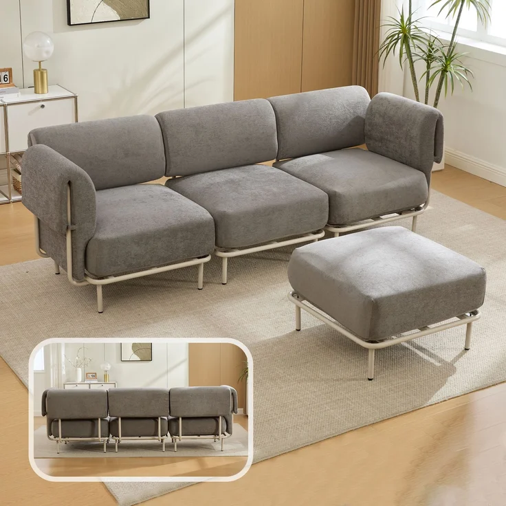 Sofa mit Hocker, 251 x 155 x 78 cm, Sitzfläche 215x63 cm, graues Chenille, modular stellbar – Bild 3